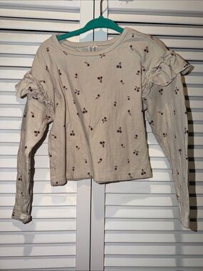 Girls' Cream Long Sleeve Ruffle Tee with Cherry Print